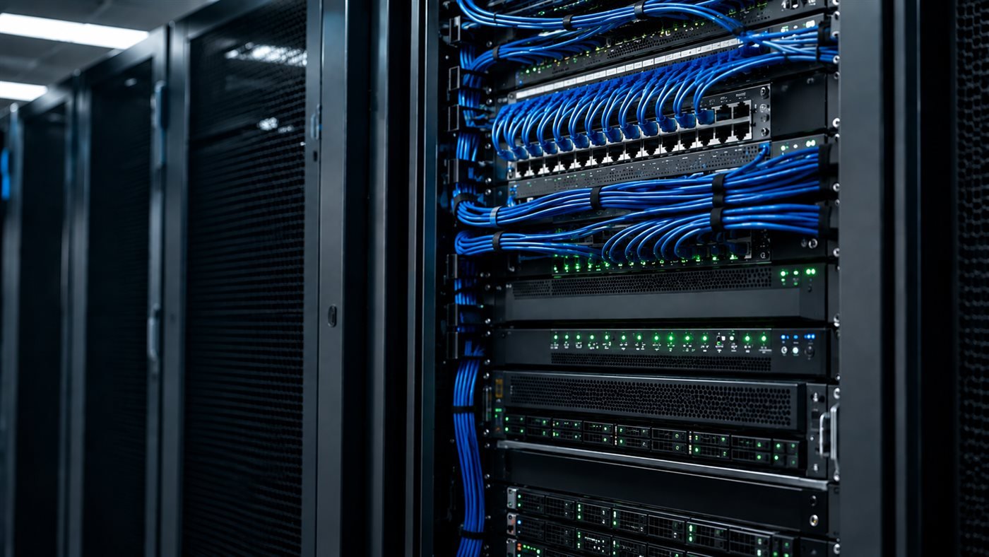 Rack de servidores con cableado de red azul organizado